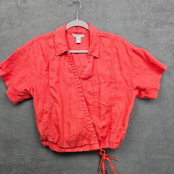 Athleta Tops - Athleta Playa Linen  Coral Short Sleeve Wrap Tie Crop Top Beachy Coastal Size L